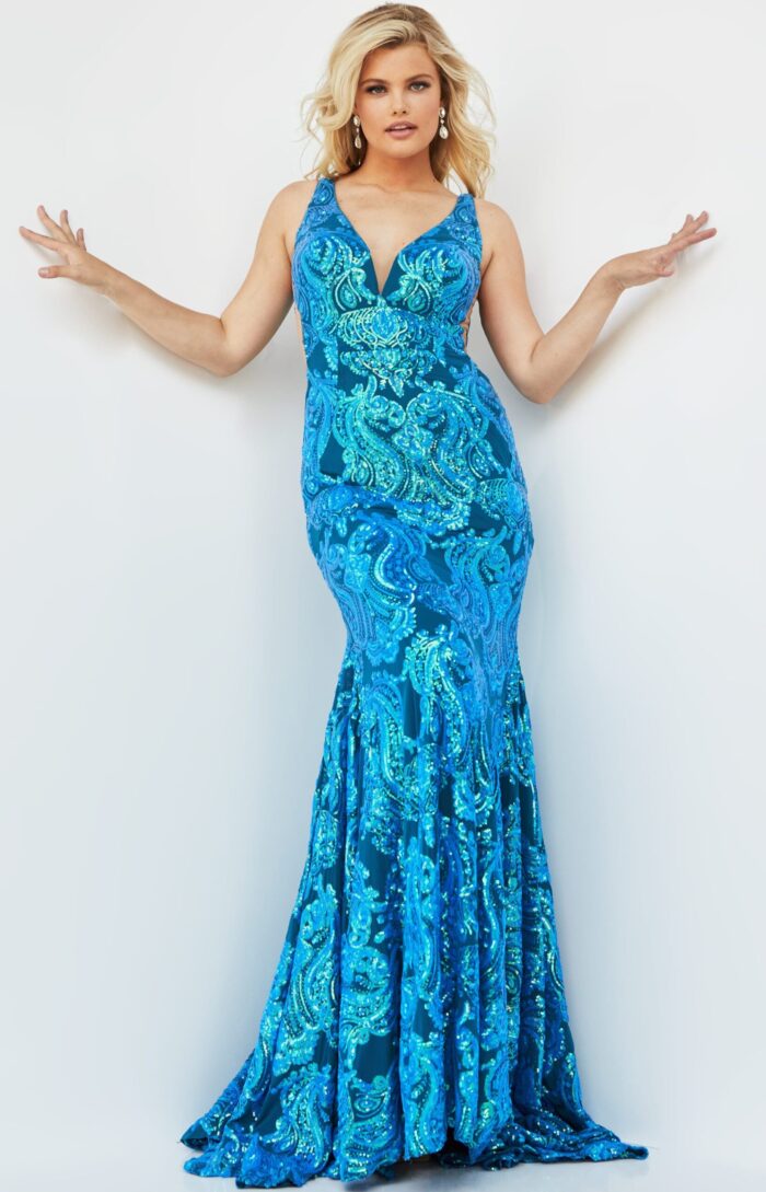 Model wearing Jovani 08646 royal blue gown with a V-neckline and sequin patterns, front view.