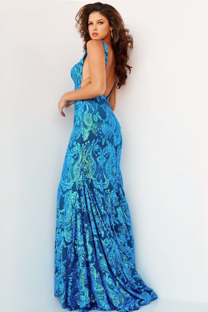 Back view of Jovani 08646 Royal gown highlighting open back design.