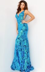 Jovani 08646 Royal gown modeled with a focus on the flattering silhouette.