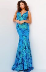 Model wearing Jovani 08646 Royal gown with detailed sequins.