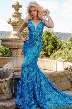 Model posing in Jovani 08646 Royal gown with shimmering sequin patterns.