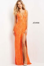 Model wearing Jovani 08674 floor-length orange dress with plunging V-neckline.