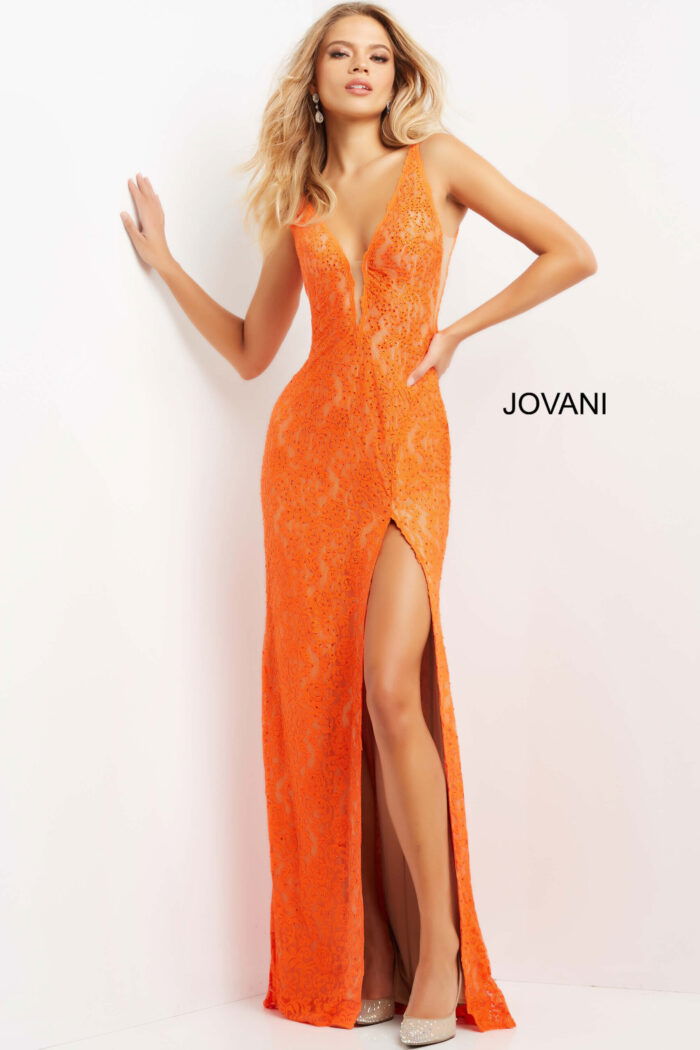 Front view of the Jovani 08674 orange dress with a high slit and sleeveless design.