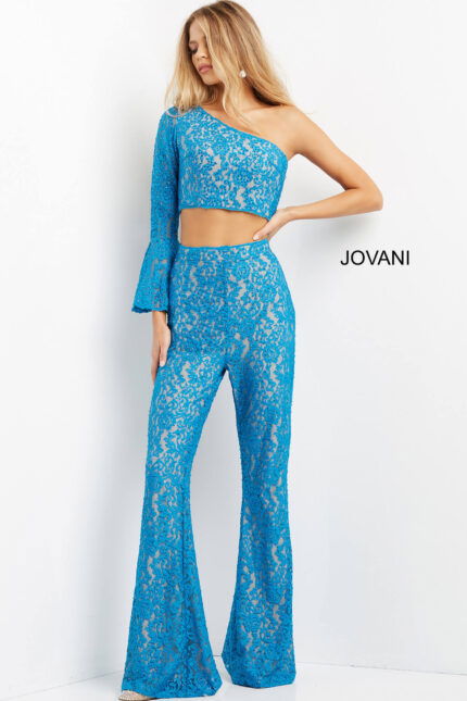 Model wearing Jovani 08693 blue lace set showcasing front details.