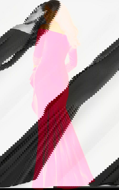 Back view of Jovani 08699 red gown displaying fitted bodice and flared hem.