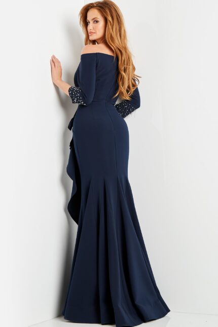 navy long sleeves evening gown 08699