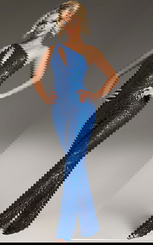 Model wearing Jovani 09017 royal blue sequined one-shoulder jumpsuit with cutout.