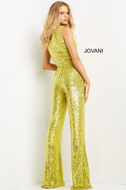 Back view of model wearing Jovani 09017 yellow sequined jumpsuit.