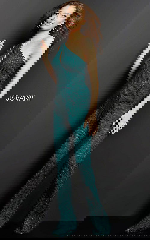 Model wearing Jovani 09018 green jumpsuit, front view