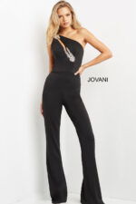 Model showcasing Jovani 09019 black embellished jumpsuit
