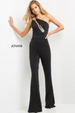 Model wearing Jovani 09019 one-shoulder black jumpsuit