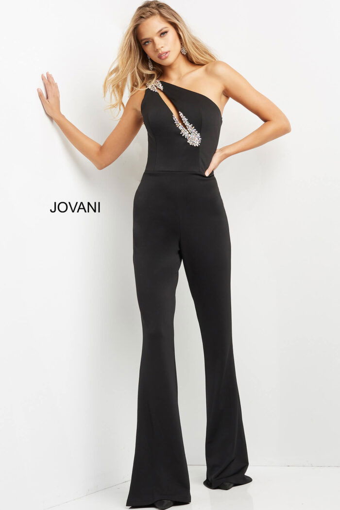 Model wearing Jovani 09019 one-shoulder black jumpsuit