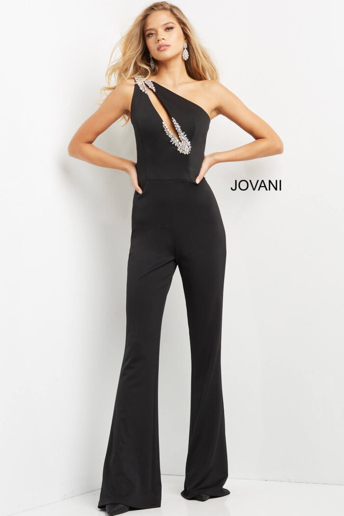 Model wearing Jovani 09019 black jumpsuit with one-shoulder design