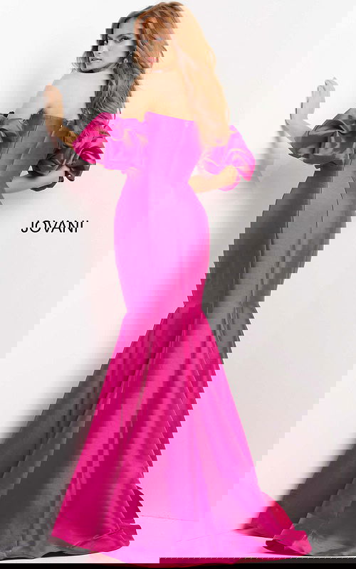 Back view of Jovani 09031 showing off-the-shoulder design and mermaid silhouette.
