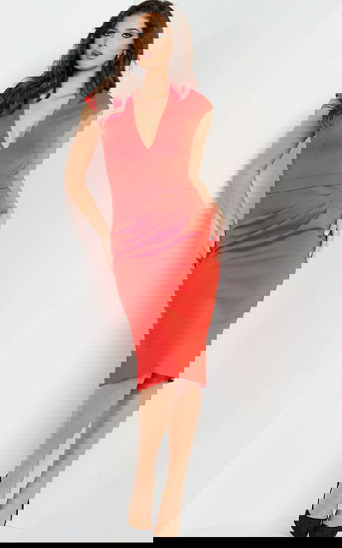 Model wearing Jovani 09063 red knee-length dress with V-neckline and cap sleeves.