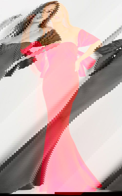 Full-length front view of model in Jovani 09064 red gown with dramatic sleeves.