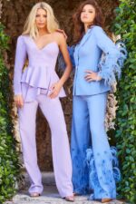 Two models in Jovani 09124 outfits, showcasing lilac jumpsuit and blue feathered suit
