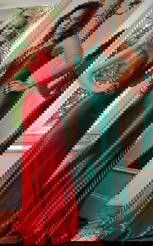 Two models wearing Jovani 08157 gown, one in red and one in green, with a v-neckline and beadwork.