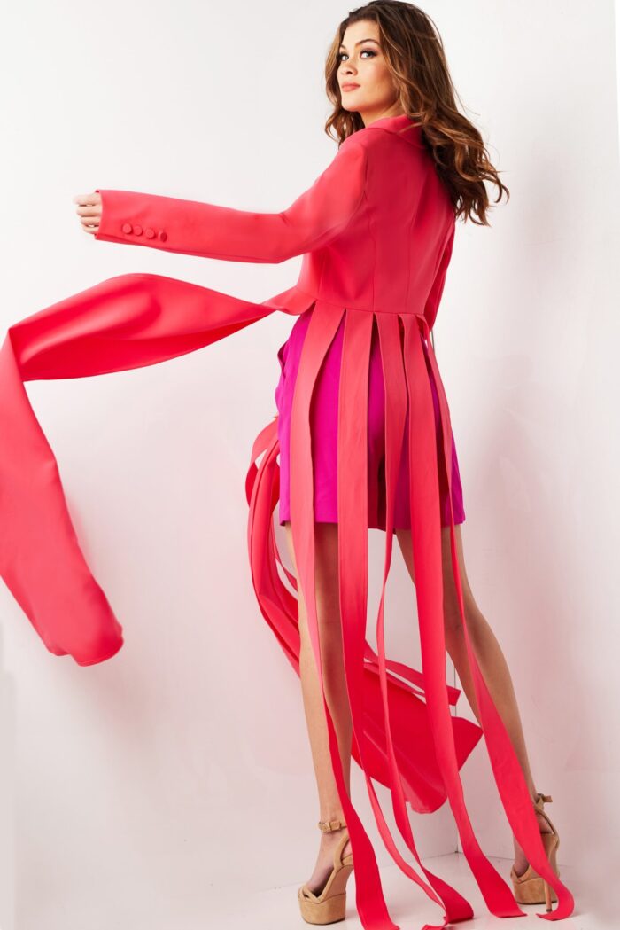Back view of Jovani 09127, highlighting the jacket's flowing sleeve detail.