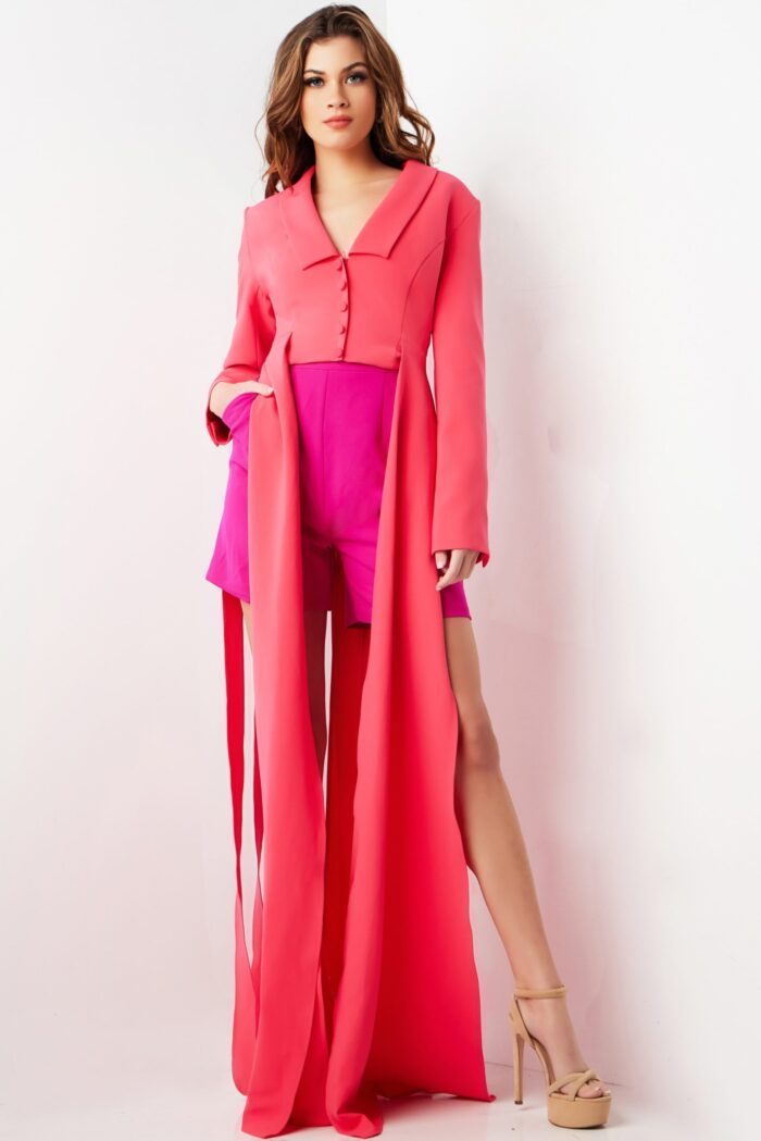 Model in Jovani 09127, striking a pose with pocket detail visible.
