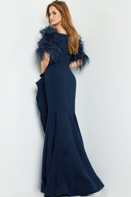 Model wearing Jovani 09154 navy dress, back view, showing silhouette.