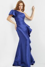 Jovani 09201 blue mermaid gown with asymmetric ruffle detail displayed by model.