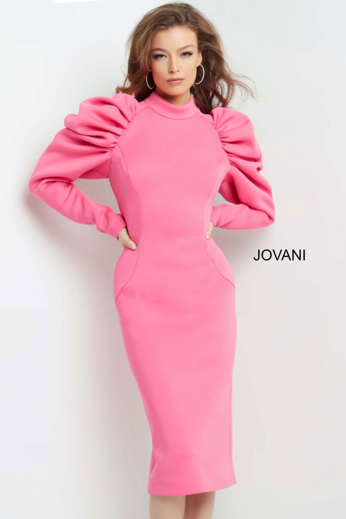Model wearing Jovani 09355 pink dress, close-up of puff shoulder details.