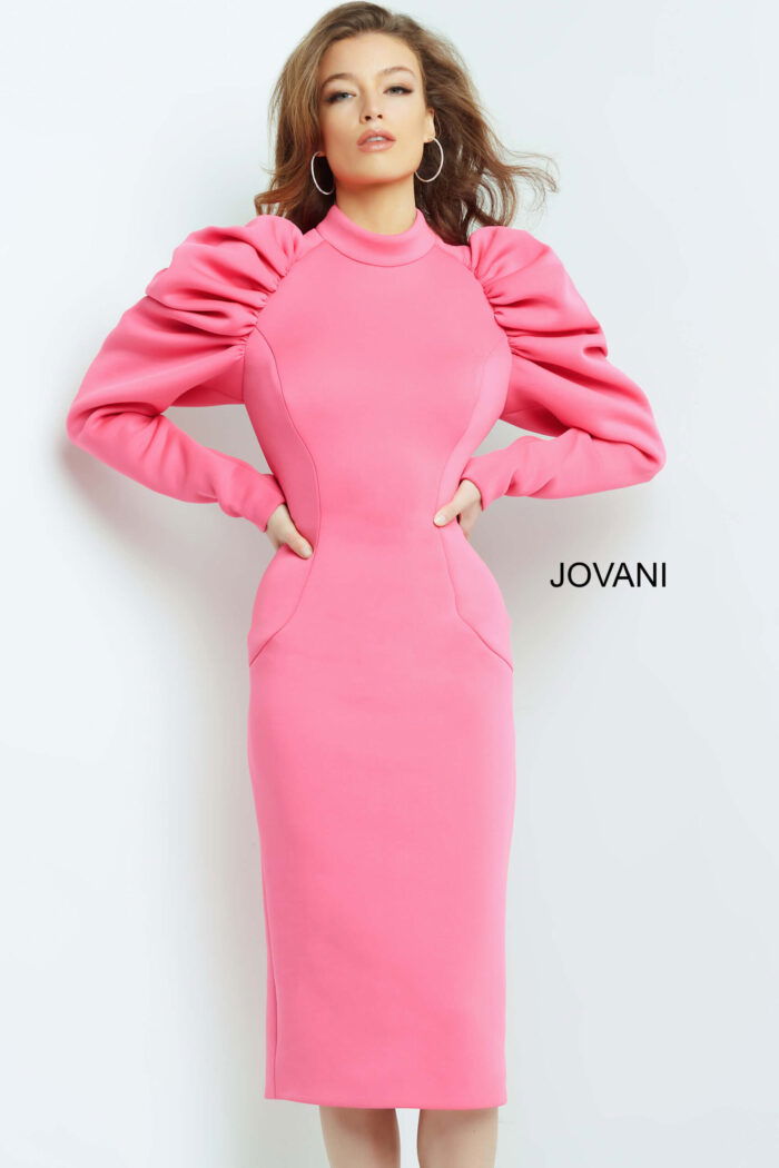 Model wearing Jovani 09355 pink dress with high neckline, full front view.