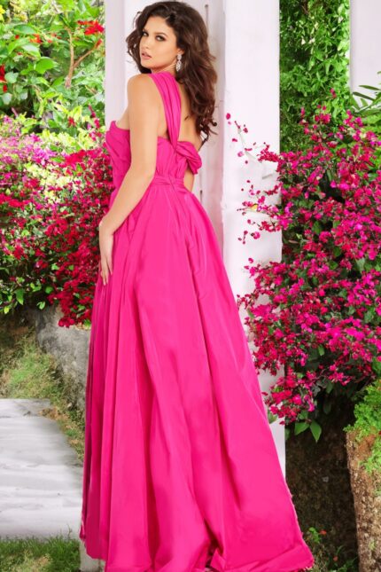 model wearing Jovani 09368 fuchsia dress, full-length front view with floral background