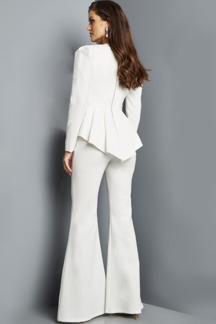 Back view of Jovani 09381 ivory jumpsuit with jacket.