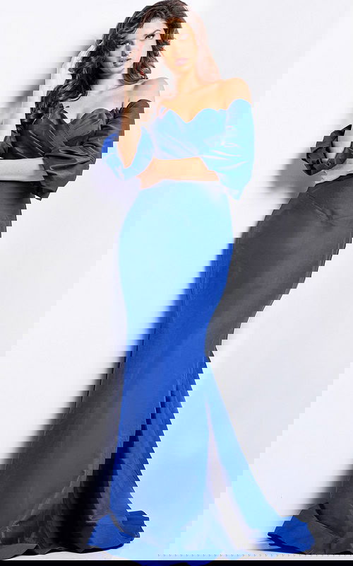 Model wearing Jovani 09420 blue dress, front view with off-shoulder neckline