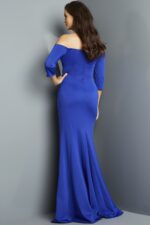 Back view of model in Jovani 09421 royal blue gown, showing off-the-shoulder design.