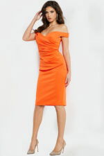 Side view of model wearing Jovani 09423 orange pencil dress with ruching detail.