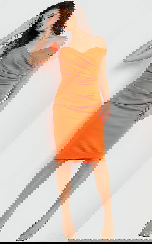 Model in Jovani 09423 orange dress showing off-the-shoulder style and draped bodice.