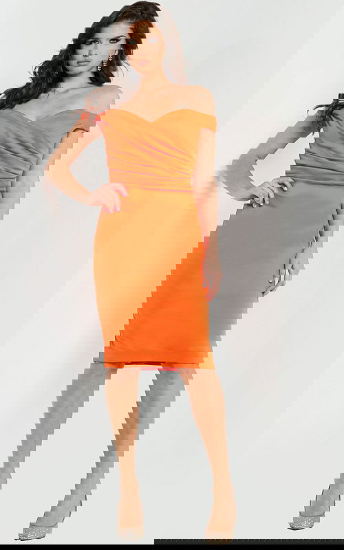 Model wearing Jovani 09423 orange dress with off-the-shoulder neckline and ruching.