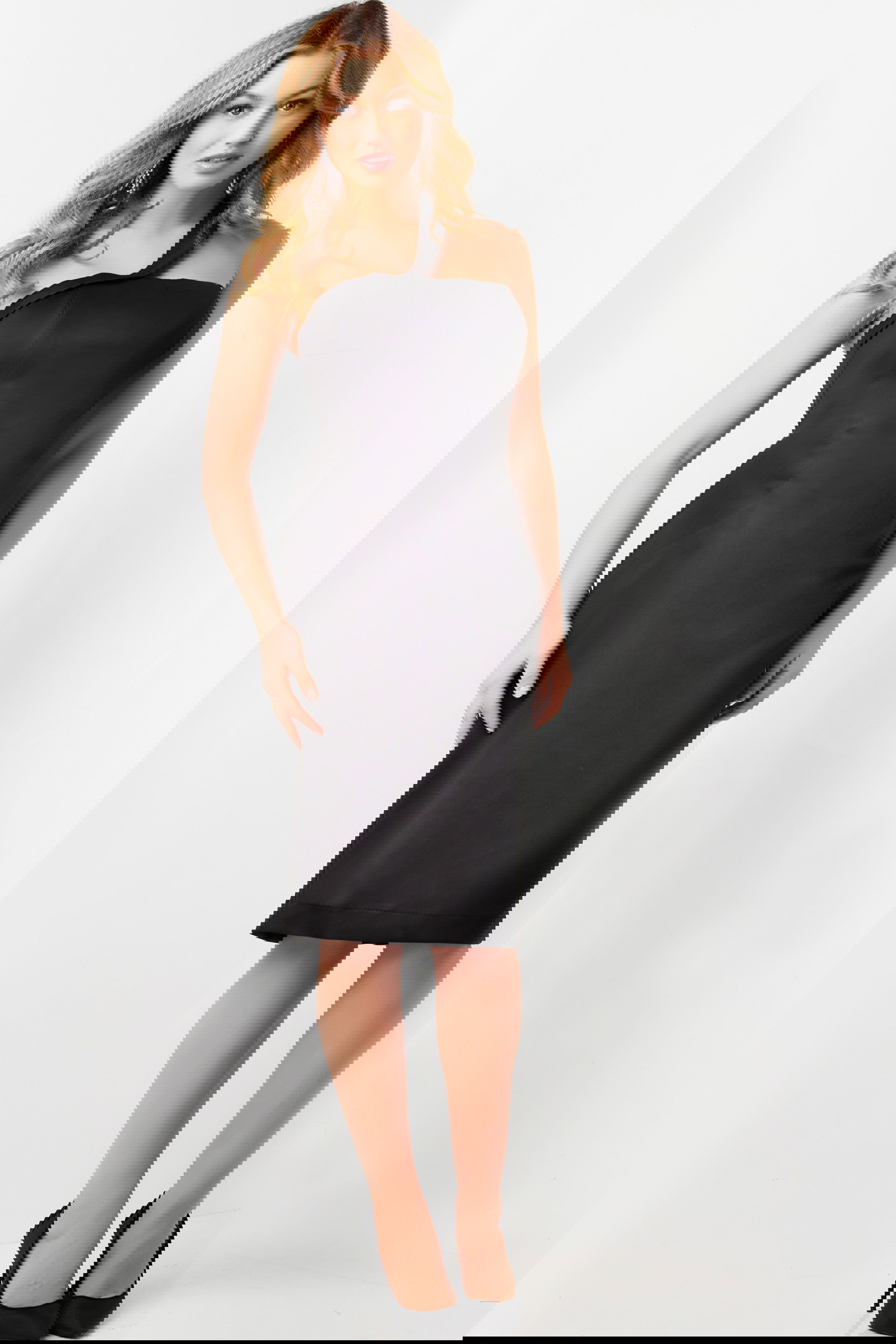 09440-BLACK-2.jpg Model wearing Jovani 09440 black dress with asymmetrical neckline and fitted silhouette front view.