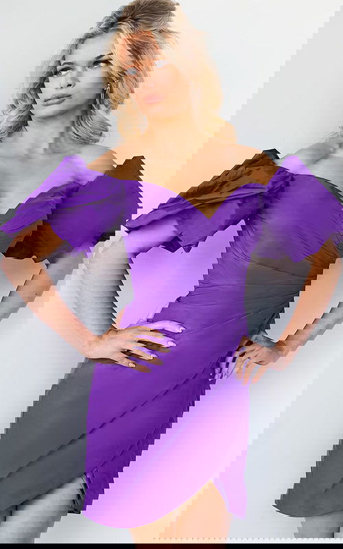 model wearing Jovani 09476 purple dress with off-shoulder neckline and puff sleeves front view