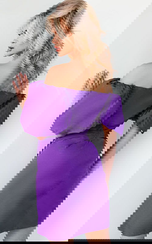 model wearing Jovani 09476 purple dress with off-shoulder neckline and puff sleeves back view