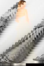 Back view of Jovani 09481 gown with strapless design in metallic silver.