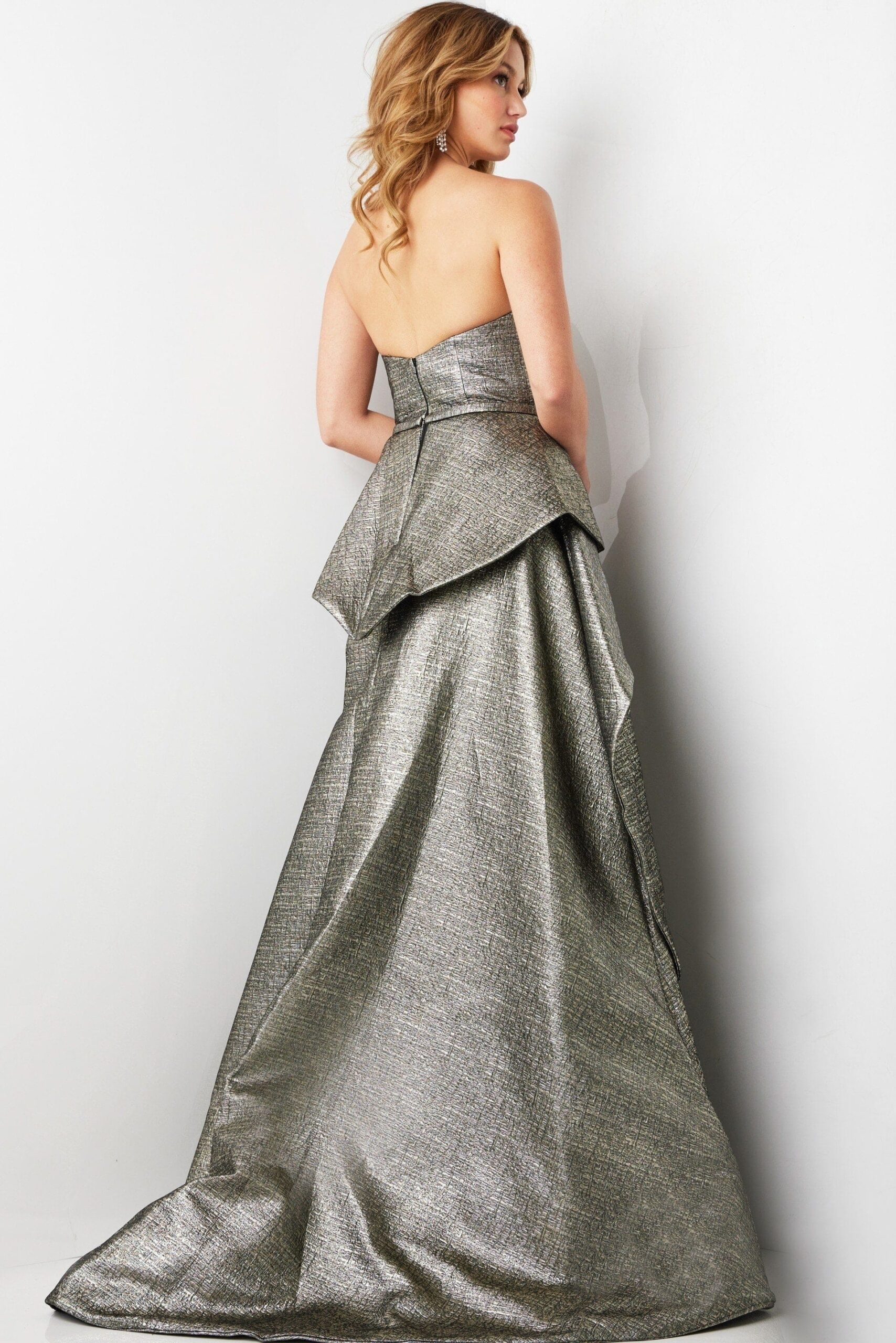 Taupe Strapless Scoop Neck Metallic Gown 09481 | Jovani