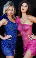 Two models wearing Jovani 09483 royal and pink dresses.