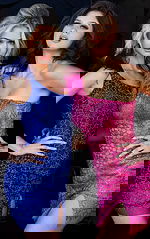 Models wearing Jovani 09483 in royal blue and hot pink with intricate beadwork and feather detail.