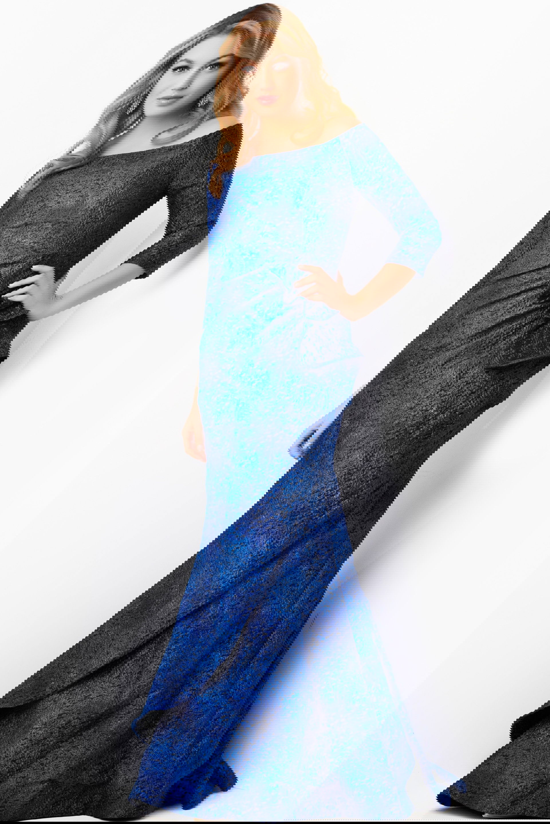 09550-COBALT-45-2.jpg Model wearing Jovani 09550 blue dress with off-the-shoulder neckline