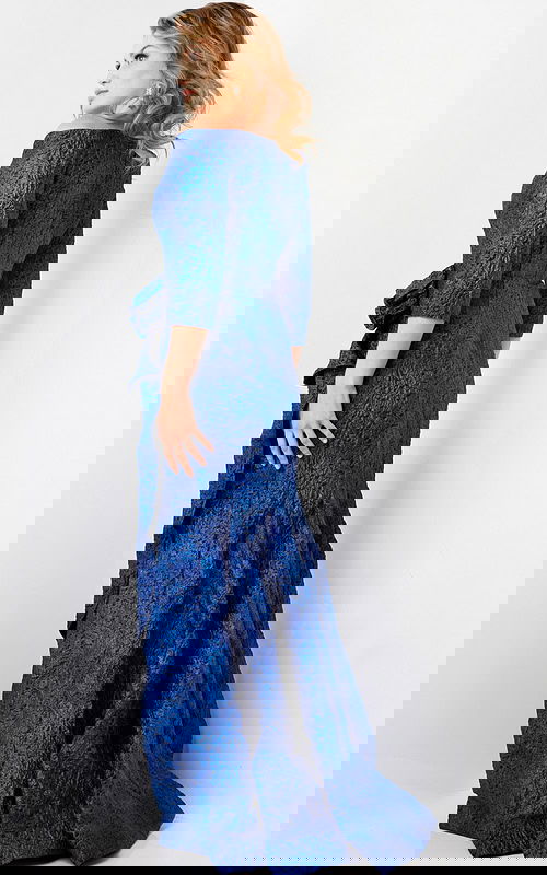 Model showing back of Jovani 09550 blue dress