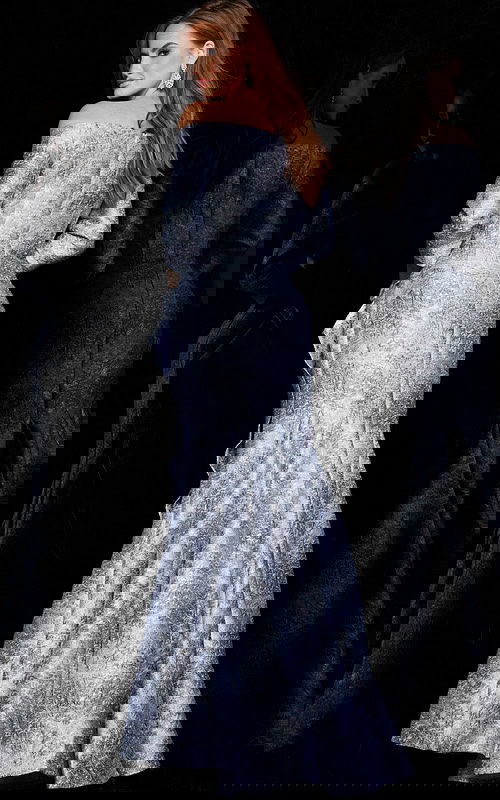 back view of model wearing Jovani 09550 gray dress