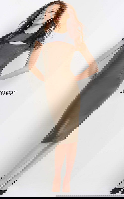 Model wearing Jovani 09584 dress back view with black and brown design