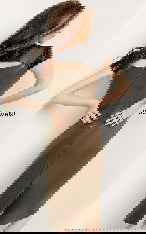 Model wearing Jovani 09584 dress front view with black and brown design