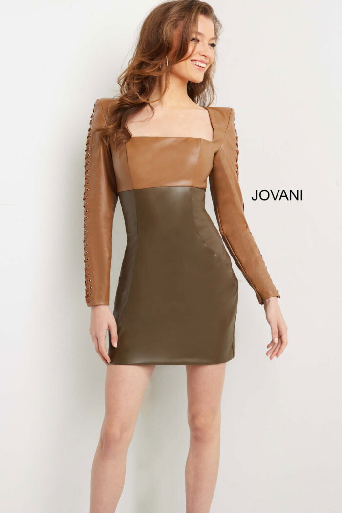 Model wearing Jovani 09585 camel and olive dress with square neckline, long sleeves, front view.