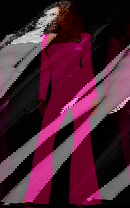 Model wearing Jovani 09588 in fuchsia, front view.