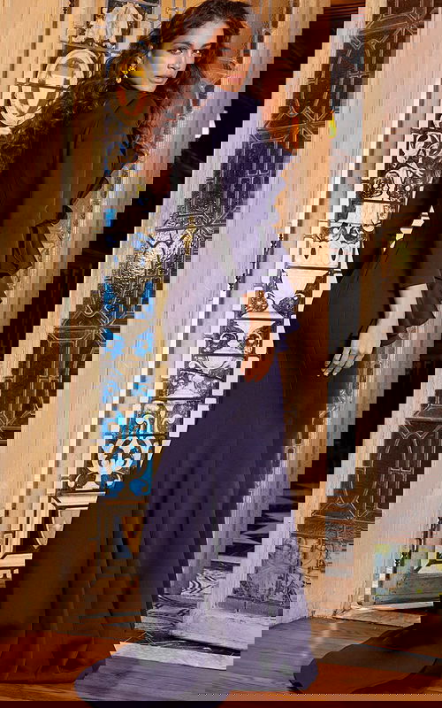 Back view of Jovani 09597 navy evening gown with mermaid silhouette.